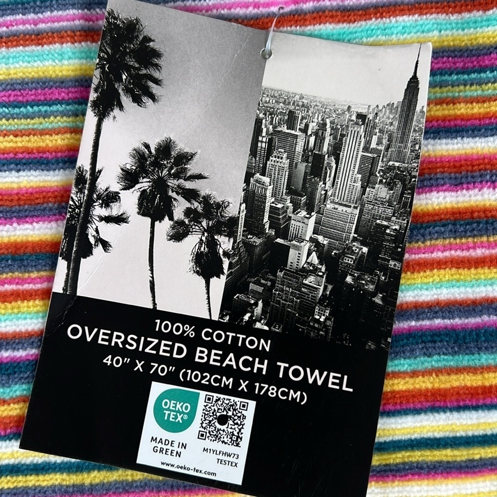 Rachel Zoe Oversized Beach Towel Rainbow Striped 100% Cotton 40" x 70"NEW - Picture 5 of 5